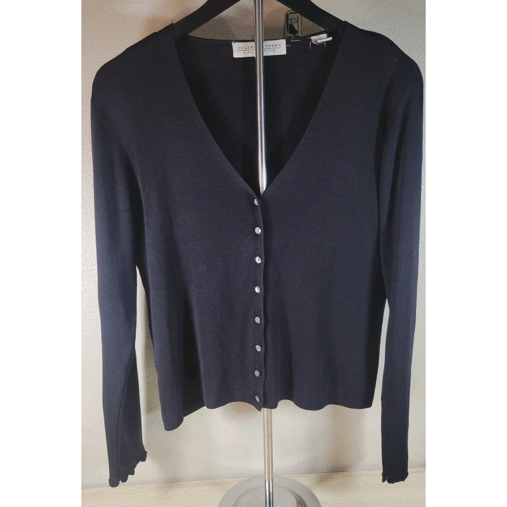 Valerie Stevens Silk Blend Ribbed‎ Cardigan Black Button Front Size L